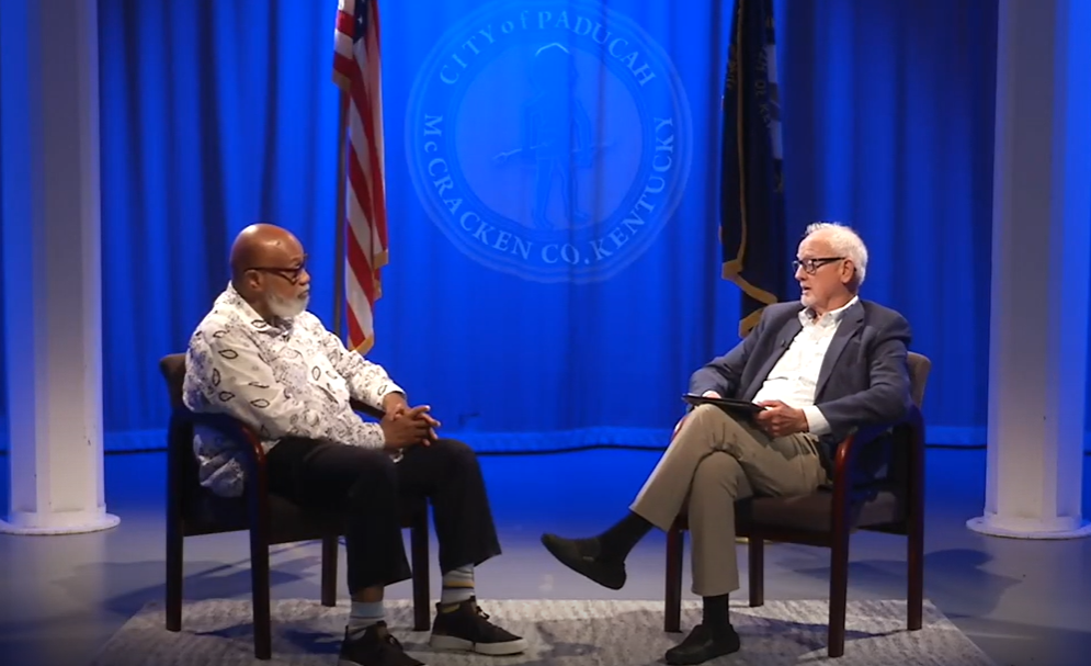 Commissioner Henderson and Mayor Bray in studio for recording of City Profile.