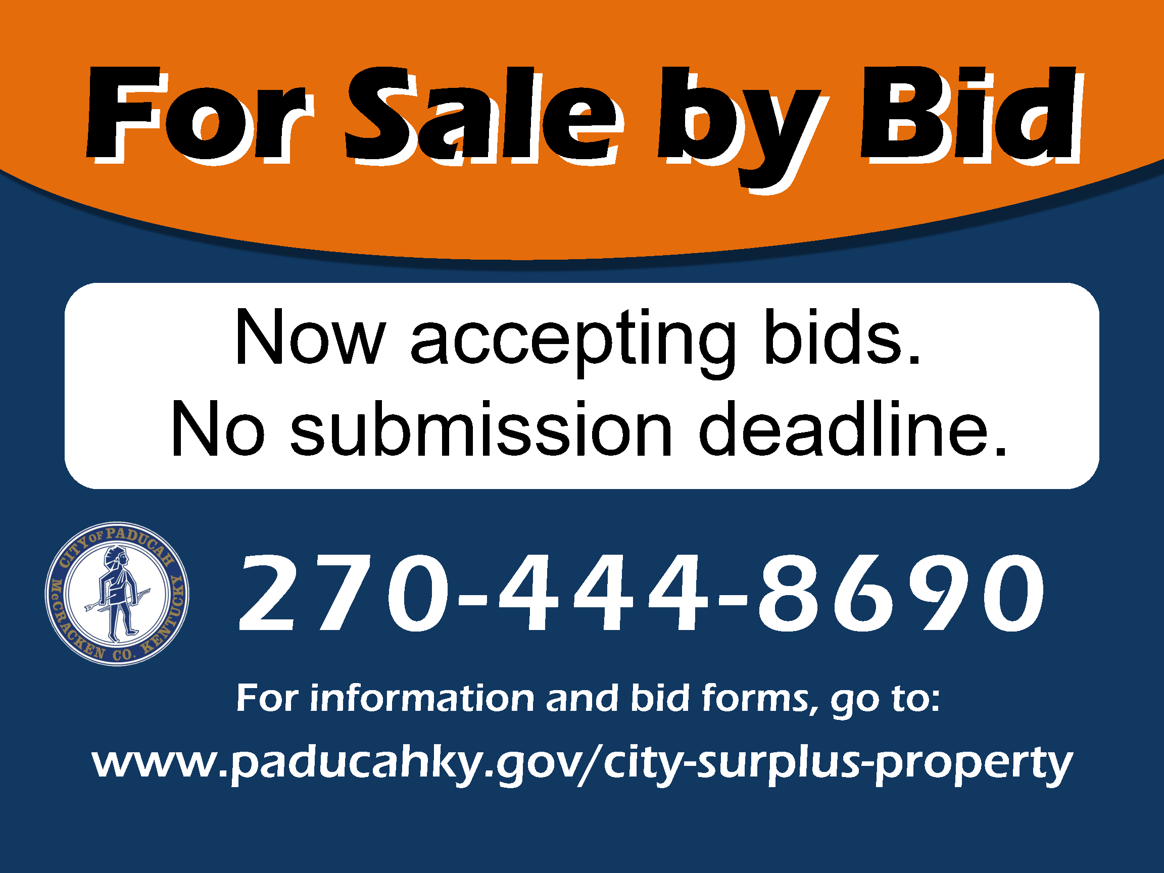 For sale by bid sign for surplus property with no submission deadline.